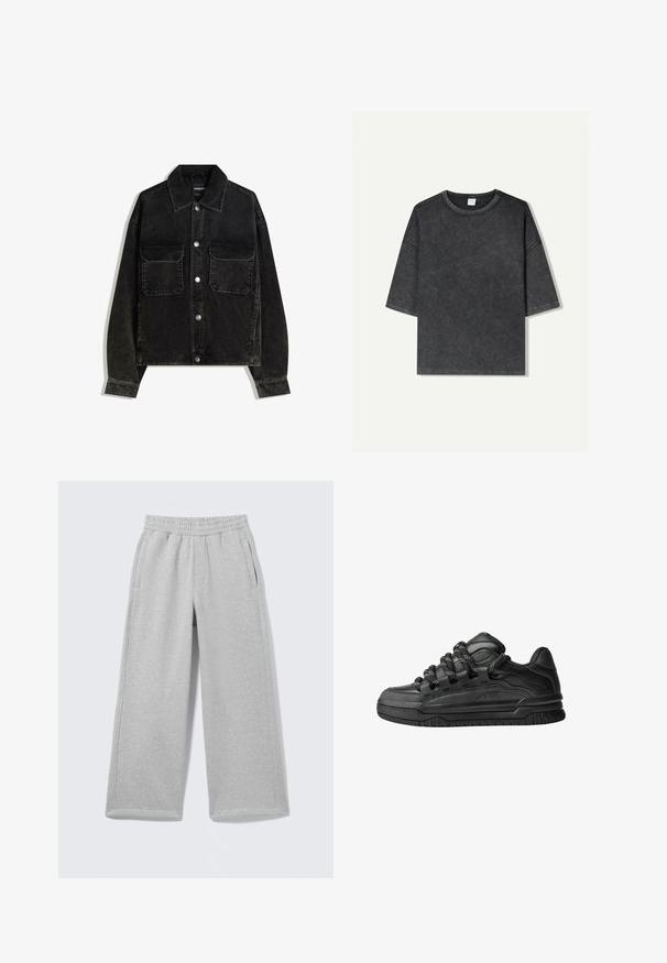 Czarna kurtka z kordurowej tkaniny z zapięciem na guziki z przodu, dwoma kieszeniami na piersi oraz kołnierzem. Teksturowany materiał z pionowymi prążkami.; Przesadnie duża, krótka koszulka w ciemnoszarym kolorze, wykonana z bawełny. Posiada okrągły dekolt oraz widoczne szwy wzdłuż krawędzi.; Jasnoszare bawełniane spodnie dresowe z elastycznym pasem, dwoma bocznymi kieszeniami i szerokimi nogawkami. Miękka faktura i proste detale szwów.; Czarne sneakersy z gładką skórzaną cholewką, teksturowanymi akcentami i okrągłymi czarno-białymi sznurowadłami. Gruba gumowa podeszwa z wzorzystym bieżnikiem.