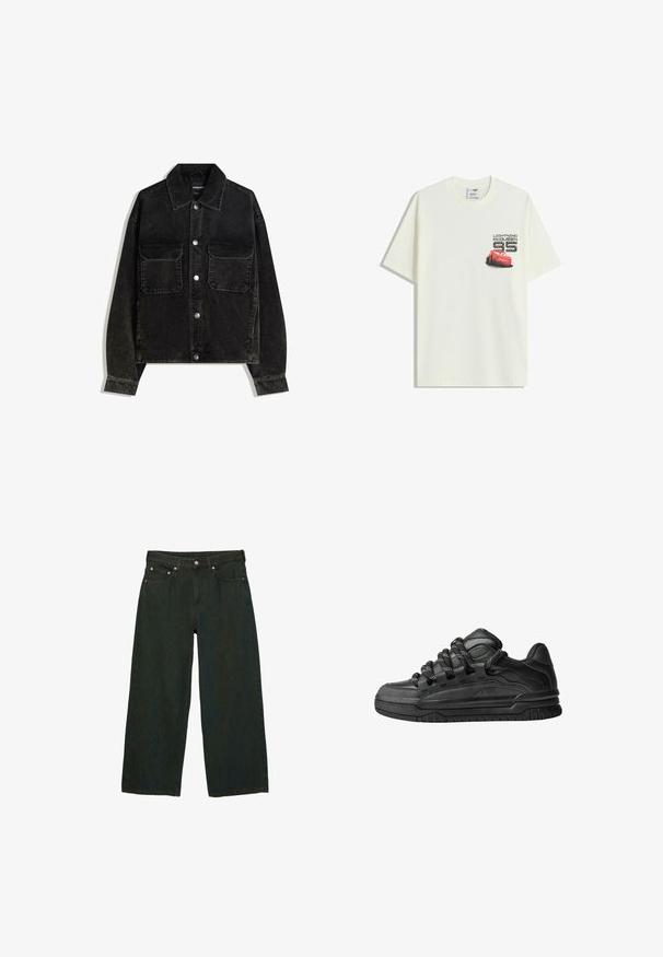 Černá kordurová bunda s předním zapínáním na knoflíky, dvěma náprsními kapsami a límcem. Texturovaná tkanina s vertikálními pruhy.; Bílý tričko s krátkým rukávem se malou grafikou červeného auta blesku McQueena a textem "Lightning McQueen 95" na levé straně hrudi.; Tmavě zelené široké džíny vyrobené z denimu; mají přední knoflík a zip, pět kapes a jemné variace textury.; Černé tenisky s hladkým koženým svrškem, texturovanými akcenty a kulatými černobílými tkaničkami. Silná gumová podrážka s vzorovaným dezénem.