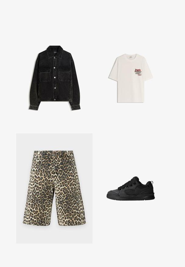 Čierna jemne ryhovaná bunda s gombíkmi na prednej strane, dvoma vreckami na hrudi a golierom. Textúrovaná tkanina s vertikálnymi ryhami.; Biely bavlnený tričko s krátkymi rukávmi a okrúhlym výstrihom. Má potlačenú grafiku v červenej a čiernej farbe na ľavej strane hrudníka.; Džínové šortky s leopardím vzorom, obsahujúce svetlohnedú, čiernu a béžovú farbu, s piatimi vreckami a rovnými nohavicami.; Čierne tenisky s textúrovaným zvrškom, s šnúrkami, sieťovinovými akcentmi pre priedušnosť, polstrovaným golierom a pevnou podošvou.