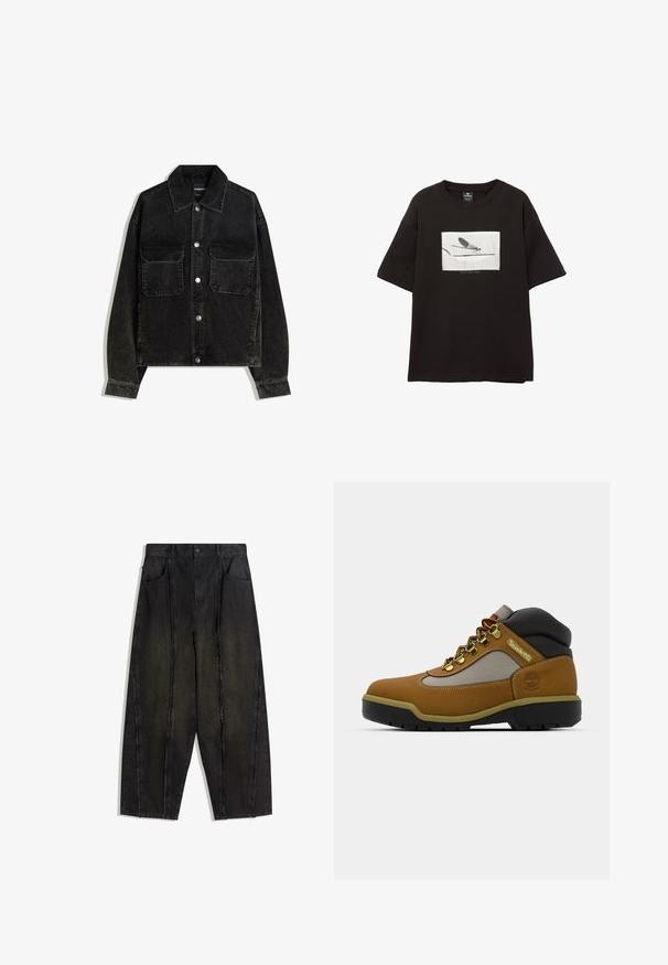 Giacca in velluto nero con chiusura a bottoni, due tasche sul petto e colletto. Tessuto testurizzato con righe verticali.; T-shirt nera in cotone con maniche corte, presenta una grafica rettangolare bianca di una mosca su una linea sottile, con un branding minimale sotto l'immagine.; Pantaloni in denim neri a gamba larga con cuciture visibili e bordi sfrangiati, dotati di due tasche frontali e un design a vita alta.; Stivale da trekking marrone con accenti grigi e neri, upper in pelle texturizzata, occhielli in metallo e suola in gomma robusta per una maggiore aderenza.