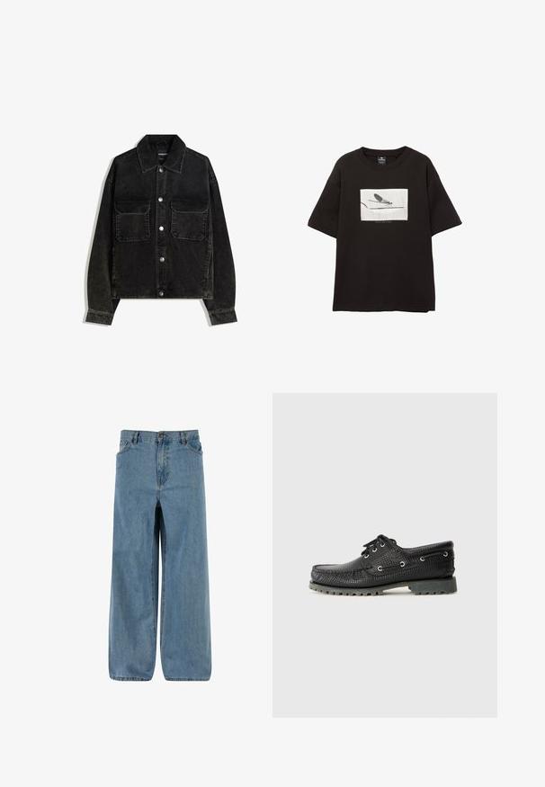 Fekete bordás dzseki gombos elülső résszel, két mellzsebbel és galléros nyakkal. Texturált anyag, függőleges bordákkal.; Fekete pamut póló rövid ujjakkal, fehér téglalap alakú grafikus mintával egy légyről vékony vonalon, minimalista logóval a kép alatt.; Világoskék szövet széles lábú nadrág. Gombos és cipzáras záródással, öt zsebbel és elhalványult textúrával a klasszikus megjelenésért.; Fekete, texturált fűzős cipő, kerek orral, fémből készült fűzőlyukakkal és durva szürke gumitalppal. Az üstön fonott minta található.