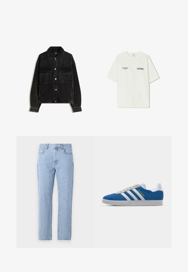 Zwarte corduroy jas met een knoopsluiting aan de voorkant, twee borstzakken en een kraag. Gelaagd weefsel met verticale ribbels.; Witte katoenen T-shirt met korte mouwen. Aan de voorkant staat in zwarte tekst: "NIET MORGEN NIET VANDAAG" en "DE KUNST VAN VUIL VERPLAATSEN" in groene cursieve letters.; Lichtblauwe spijkerbroek met een recht model, vijf zakken en een knoopsluiting. Zachte textuur met een klassieke vervaagde afwerking.; adidas Originals ADIDAS GAZELLE SHOES - Zaalvoetbalschoenen - real madrid/bluebird/footwear white/crew yellow