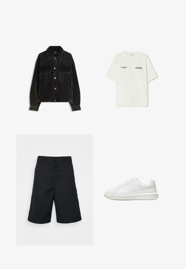 Črna kordna jakna z gumbnico spredaj, dvema žepoma na prsih in ovratnikom. Teksturen material z vertikalnimi rebrami.; Bela bombažna majica s kratkimi rokavi. Na sprednji strani je črn napis: "NE JUTRI NE DANES" in "UMETNOST SVETOVANJA" v zeleni pisavi.; Črne kratke hlače iz tkanega materiala, s ravnim krojem, standardnim pasom in brez vzorcev ali vidnih dodatkov.; Beli copati z gladkim sintetičnim zgornjim delom, okroglo konico, ravnim vezalkami, teksturiranim podplatom in slojevito platformo za dodatno višino.