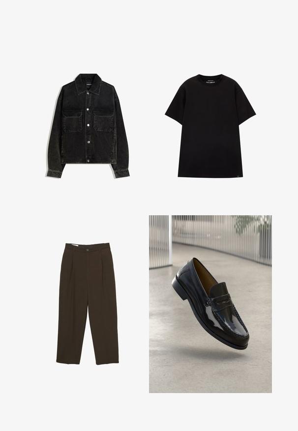 Giacca in velluto nero con chiusura a bottoni, due tasche sul petto e colletto. Tessuto testurizzato con righe verticali.; PULL&BEAR JOIN LIFE - T-shirt basic - black; Pantaloni sartoriali marrone scuro con pinces frontali, passanti per cintura e chiusura a bottone in vita.; Mocassino in pelle verniciata nera con accento cucito, punta rotonda, tacco basso e superficie liscia, presentato su uno sfondo neutro.