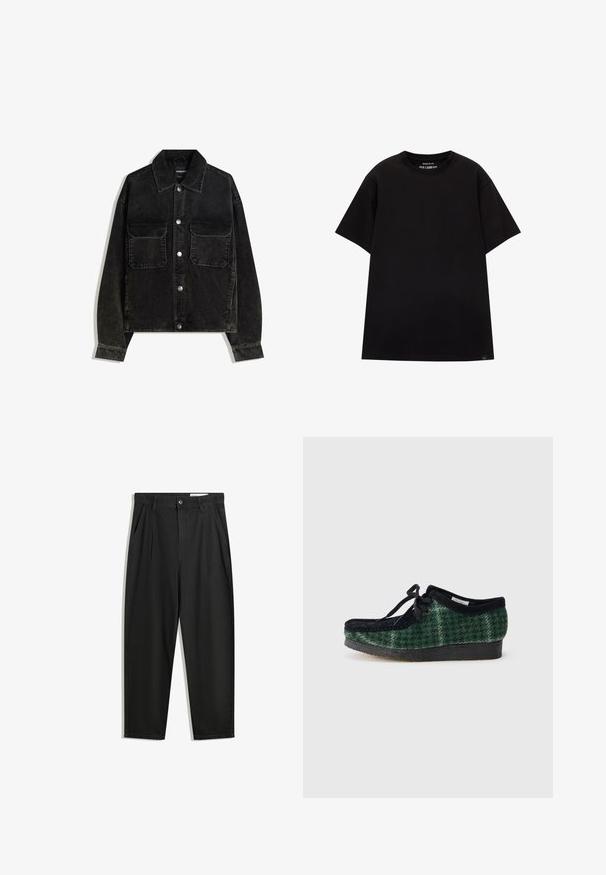 Fekete bordás dzseki gombos elülső résszel, két mellzsebbel és galléros nyakkal. Texturált anyag, függőleges bordákkal.; PULL&BEAR JOIN LIFE - Basic póló - black; Fekete pamut nadrág laza szabással, klasszikus derékrésszel, elülső hajtásokkal és oldalsó zsebekkel. Simább textúra minta nélkül.; Zöld és fekete mintás cipők nubuk felsőrésszel, lekerekített orral, fűzőkkel és textúrázott, gumitalppal.