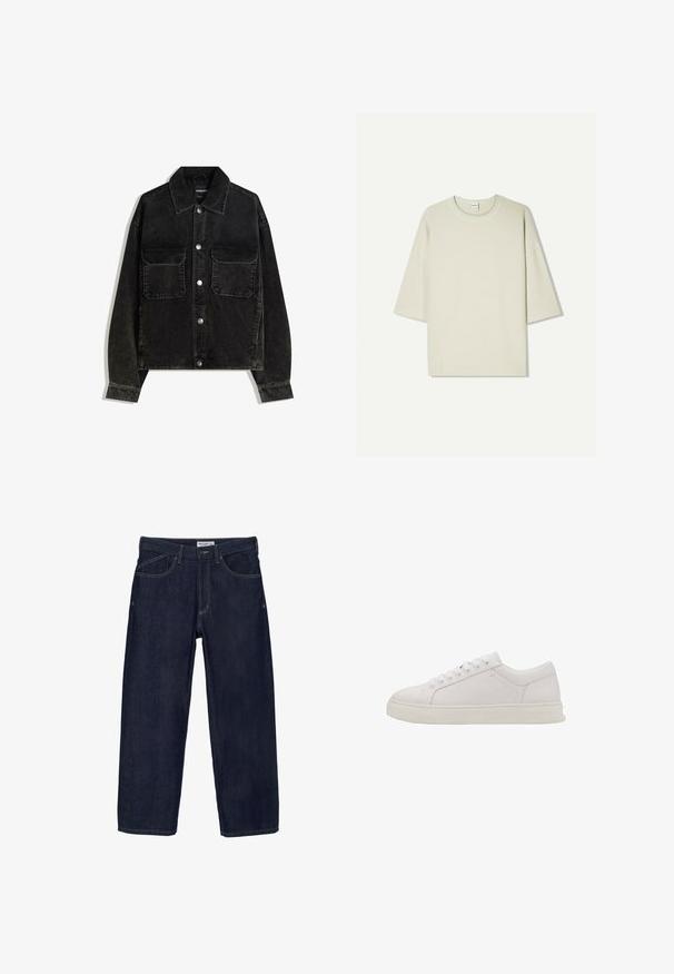 Sort fløjlsjakke med knaplukning fortil, to brystlommer og krave. Tektureret stof med lodrette ribber.; Lys beige oversized kortærmet T-shirt lavet af en bomuldsblanding; rund halsudskæring med syningsdetaljer, afslappet pasform og uden mønstre.; Mørkeblå denim jeans med lige ben-design, som har fem lommer, kontraststikninger og lukning med knap i taljen.; Hvide lædersneakers med rund tå, flad sål og seks snøringer. Har en glat tekstur og minimalistisk design. Ingen synlige mønstre eller accenter.