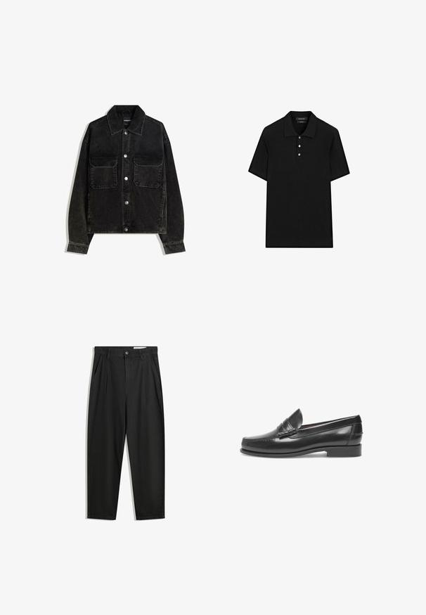 Zwarte corduroy jas met een knoopsluiting aan de voorkant, twee borstzakken en een kraag. Gelaagd weefsel met verticale ribbels.; Zwarte poloshirt met een geribbelde textuur, korte mouwen, een platte kraag en een knoopsluiting met drie knopen. Eenvoudig en klassiek ontwerp.; Zwarte katoenen broeken met een losse pasvorm, voorzien van een klassieke tailleband, voorplooien en zijzakken. Gladde structuur zonder patronen.; Zwarte leren instappers met een ronde neus, gestikte details en een kleine accentband. Platte zool met een lichte hak. Gladde textuur.