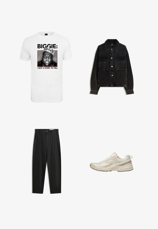 Jachetă neagră din catifea cord, cu închidere frontală cu nasturi, două buzunare la piept și guler. Material texturat cu dungi verticale.; Tricou alb din bumbac cu un grafic alb-negru al unui bărbat purtând o coroană, cu textul "BIGGIE:" și "I GOT A STORY TO TELL" în litere mari negre dedesubt.; Pantaloni negri din bumbac cu croială lejeră, având un brâu clasic, plii frontale și buzunare laterale. Textură netedă fără modele.; Adidași albi din plasă și material sintetic, cu vârf rotunjit, talpă amortizată și accente bej pe laterale.