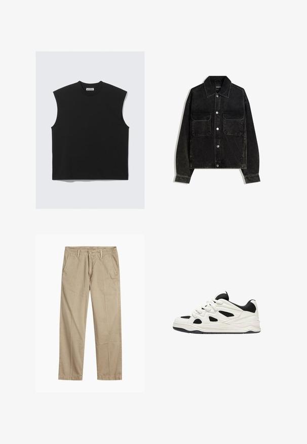 Fekete bordás dzseki gombos elülső résszel, két mellzsebbel és galléros nyakkal. Texturált anyag, függőleges bordákkal.; Fekete ujjatlan felső, puha pamut anyagból, kerek nyakkivágással és letisztult élekkel rendelkező bokszos sziluettel.; Beige egyenes szárú chino nadrág övhurkokkal, elülső gombos és cipzáras záródással, valamint ferde elülső zsebekkel.; Fehér és fekete sportcipők, texturált talppal, oldalt kivágott mintákkal és fűzős megoldással, valamint párnázott hátsó résszel a támasz érdekében.
