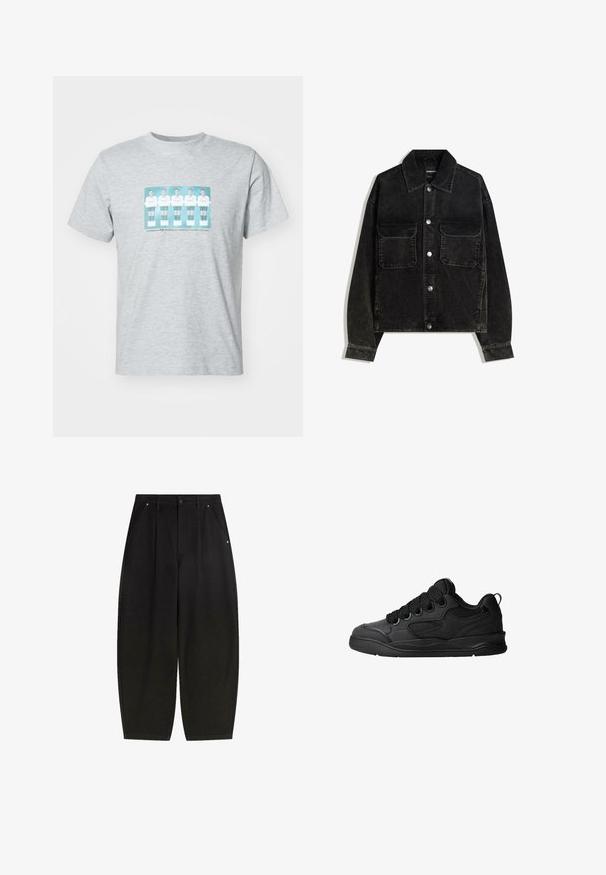Black corduroy jacket with a button-up front, two chest pockets, and a collared neck. Textured fabric with vertical ridges.; Gray cotton t-shirt featuring a central print of five football players in white kits with teal accents, round neckline, and short sleeves.; Black wide-leg trousers with front pockets, pleated design, and a clean finish. Made from textured fabric with a button closure.; Black sneakers with a textured upper, featuring laces, mesh accents for breathability, padded collar, and a sturdy outsole.