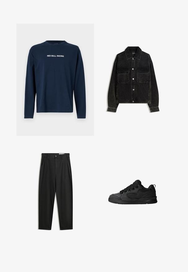 Črna kordna jakna z gumbnico spredaj, dvema žepoma na prsih in ovratnikom. Teksturen material z vertikalnimi rebrami.; Mornarica majica s dugim rukavima od pamuka s okruglim izrezom i natpisom "RED BULL RACING" u bijeloj boji preko grudi.; Črne bombažne hlače s sproščenim krojem, ki vključujejo klasičen pas, sprednje gube in stranske žepke. Gladka tekstura brez vzorcev.; Črne superge z teksturiranim zgornjim delom, opremljene z vezalkami, mrežastimi dodatki za zračnost, oblazinjenim ovratnikom in trdnim podplatom.