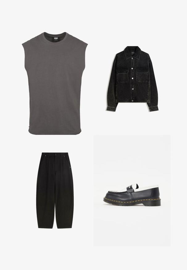Schwarze Cordjacke mit knöpfbarem Vorderteil, zwei Brusttaschen und Kragen. Strukturiertes Gewebe mit vertikalen Rillen.; Graues Baumwoll-T-Shirt mit kurzen Ärmeln, Rundhalsausschnitt und lockerer Passform. Schlichte Gestaltung, weiche Textur, keine Muster oder sichtbaren Beschläge.; Schwarze weit geschnittene Hosen mit vorderen Taschen, gefaltetem Design und einem sauberen Finish. Hergestellt aus strukturiertem Stoff mit einer Knopfverschluss.; Schwarzer Leder-slipper mit einem weißen Lederakzent. Verfügt über dekorative Nähte und eine Gummisohle mit gelber Umrandung. Runde Zehenform.