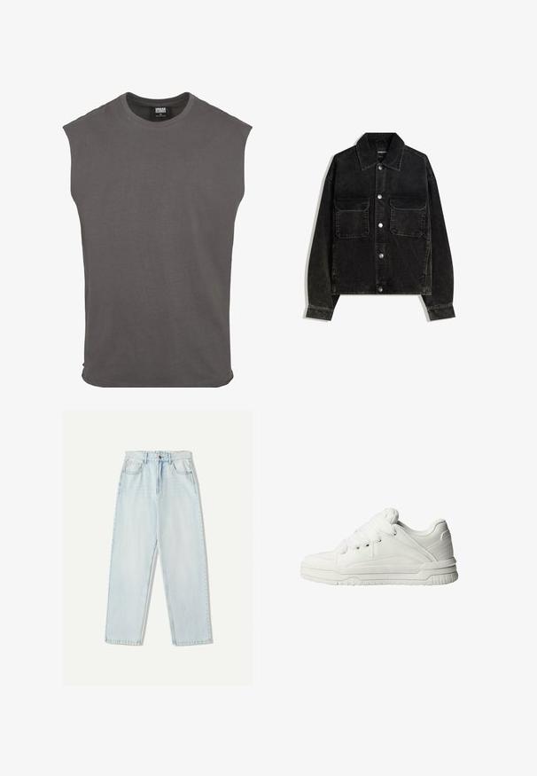 Zwarte corduroy jas met een knoopsluiting aan de voorkant, twee borstzakken en een kraag. Gelaagd weefsel met verticale ribbels.; Grijze katoenen t-shirt met korte mouwen, een ronde hals en een relaxte pasvorm. Eenvoudig ontwerp, zachte textuur, geen patronen of zichtbare hardware.; Lichtblauwe denim jeans met een relaxte pasvorm, recht model, vijf zakken en subtiele vervaging in de stof.; Witte sneakers met een gladde leren buitenkant, een gevoerde tong, platte veters en getextureerde accenten aan de zijkanten en hiel.