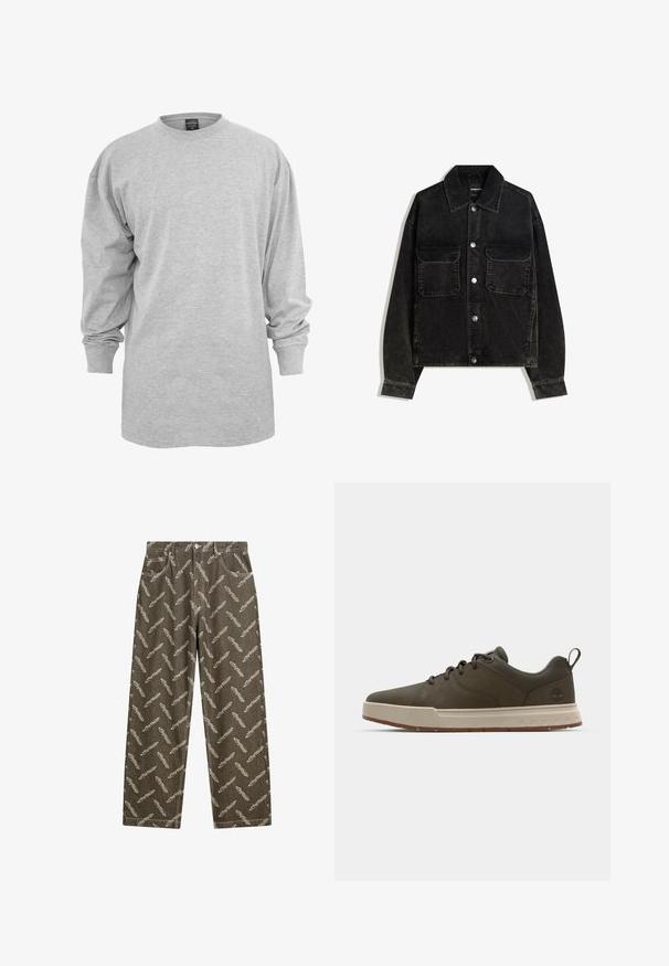 Zwarte corduroy jas met een knoopsluiting aan de voorkant, twee borstzakken en een kraag. Gelaagd weefsel met verticale ribbels.; Lichtgrijze lange mouwen t-shirt, gemaakt van een katoenmix. Heeft een ronde hals en een losse pasvorm met geribbelde manchetten, zonder patronen of accenten.; Khaki denim broek met een overal verenpatroon in lichtbeige. Ruime pasvorm met standaardzakken en contrasterende stikdetails.; Donkergroene sneaker met een gladde bovenkant, lichtbeige middenzool en rubberen zool. Heeft een ronde neus en minimale branding op de hak.