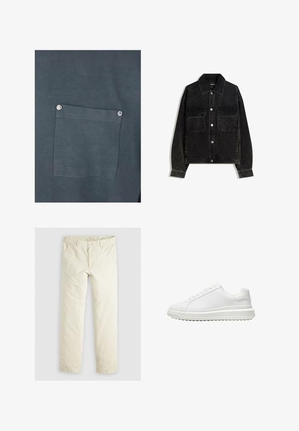 Sort fløjlsjakke med knaplukning fortil, to brystlommer og krave. Tektureret stof med lodrette ribber.; Mørkegrå bomulds t-shirt med en brystlomme med en sølv snapknap og en glat tekstur. Sømdetaljer er synlige omkring lommen.; Lys beige løstsiddende bukser med tre lommer, bæltestropper og lige ben. Fremstillet af et blødt bomuldsblandingsstof.; Hvid sneaker med en glat syntetisk overdel, rund tå, flade snørebånd, struktureret sål og et lagdelt platformsdesign for ekstra højde.