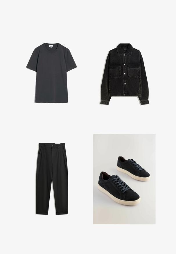 Schwarze Cordjacke mit knöpfbarem Vorderteil, zwei Brusttaschen und Kragen. Strukturiertes Gewebe mit vertikalen Rillen.; ARMEDANGELS MAARKUS SOLID - T-Shirt basic - graphite; Schwarze Baumwollhose mit lockerem Schnitt, ausgestattet mit einem klassischen Bund, vorderen Falten und Seiten taschen. Glatte Textur ohne Muster.; Dunkelblaue Wildleder-Sneaker mit hellblauen Schnürsenkeln und cremefarbenen Gummisohlen. Runde Zehenpartie, Low-Top-Design und weiche Textur.