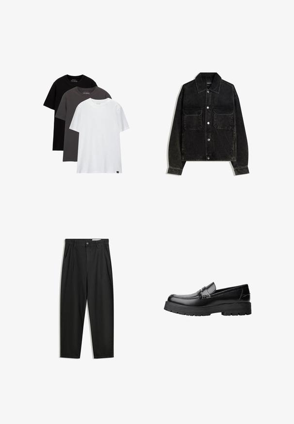 Sort fløjlsjakke med knaplukning fortil, to brystlommer og krave. Tektureret stof med lodrette ribber.; Tre regular-fit t-shirts stablet. Farver: sort, mørkegrå og hvid. Fremstillet af bomuldsmateriale med korte ærmer og rund hals. Minimal branding.; Sorte bomuldsbukser med en afslappet pasform, der har en klassisk talje, frontfolder og sidelommer. Glat tekstur uden mønstre.; Sort læderloafer med kraftig sål og dekorativ rem henover, vist i venstre sideprofil på hvid baggrund.