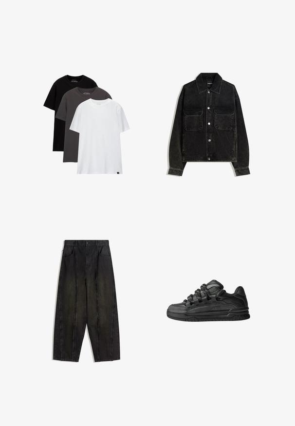 Sort fløjlsjakke med knaplukning fortil, to brystlommer og krave. Tektureret stof med lodrette ribber.; Tre regular-fit t-shirts stablet. Farver: sort, mørkegrå og hvid. Fremstillet af bomuldsmateriale med korte ærmer og rund hals. Minimal branding.; Sorte bredbenede denimbukser med synlige sømme og frynsede kanter, der har to forlommer og et højtaljede design.; Sorte sneakers med en glat læderoverdel, teksturerede accenter og runde sorte og hvide snørebånd. Tyk gummisål med et mønstret slidbanemønster.