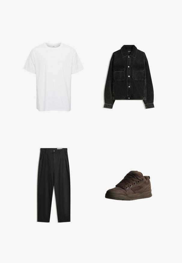 Schwarze Cordjacke mit knöpfbarem Vorderteil, zwei Brusttaschen und Kragen. Strukturiertes Gewebe mit vertikalen Rillen.; Weißes Baumwoll-T-Shirt mit kurzen Ärmeln, Rundhalsausschnitt und lockerer Passform. Glatte Textur, keine Muster oder Akzente. Einfaches Design.; Schwarze Baumwollhose mit lockerem Schnitt, ausgestattet mit einem klassischen Bund, vorderen Falten und Seiten taschen. Glatte Textur ohne Muster.; Braune Sportschuhe aus glattem synthetischem Material. Mit dicken Schnürsenkeln, Mesh-Akzenten, gepolstertem Schaft und strukturiertem Gummisohle.