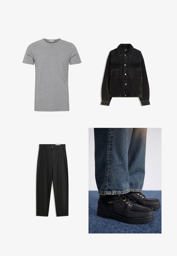 Sort fløjlsjakke med knaplukning fortil, to brystlommer og krave. Tektureret stof med lodrette ribber.; Grå kortærmet t-shirt lavet af blødt stof, med rund halsudskæring og detalje med fire knapper foran.; Sorte bomuldsbukser med en afslappet pasform, der har en klassisk talje, frontfolder og sidelommer. Glat tekstur uden mønstre.; Sorte lædersko med guldøjer og en struktureret finish, parret med blå denimjeans. Skoene har en lagdelt sål og brandingdetaljer.