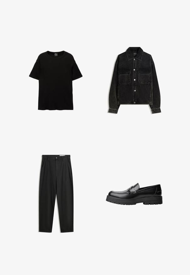 Čierna jemne ryhovaná bunda s gombíkmi na prednej strane, dvoma vreckami na hrudi a golierom. Textúrovaná tkanina s vertikálnymi ryhami.; Čierne tričko s krátkym rukávom vyrobené z bavlny. Má okrúhly výstrih a voľný strih, s hladkou textúrou a bez viditeľných vzorov alebo akcentov.; Čierne bavlnené nohavice s voľným strihom, s klasickým pásom, prednými záhybmi a bočnými vreckami. Hladká textúra bez vzorov.; Čierne kožené mokasíny s masívnou podrážkou a dekoratívnym pásom cez hornú časť, zobrazené z ľavého bočného profilu na bielom pozadí.