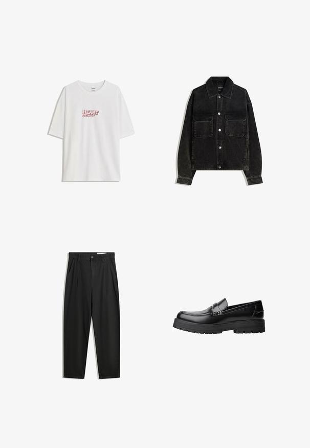 Jachetă neagră din catifea cord, cu închidere frontală cu nasturi, două buzunare la piept și guler. Material texturat cu dungi verticale.; Tricou alb din bumbac cu o croială lejeră, având inscripția roșie "HEART struck" centrată pe piept. Mâneci scurte și guler rotund.; Pantaloni negri din bumbac cu croială lejeră, având un brâu clasic, plii frontale și buzunare laterale. Textură netedă fără modele.; Mocasini din piele neagră, cu talpă groasă și profilată și bandă decorativă pe partea superioară, prezentati din profil stâng pe fundal alb.