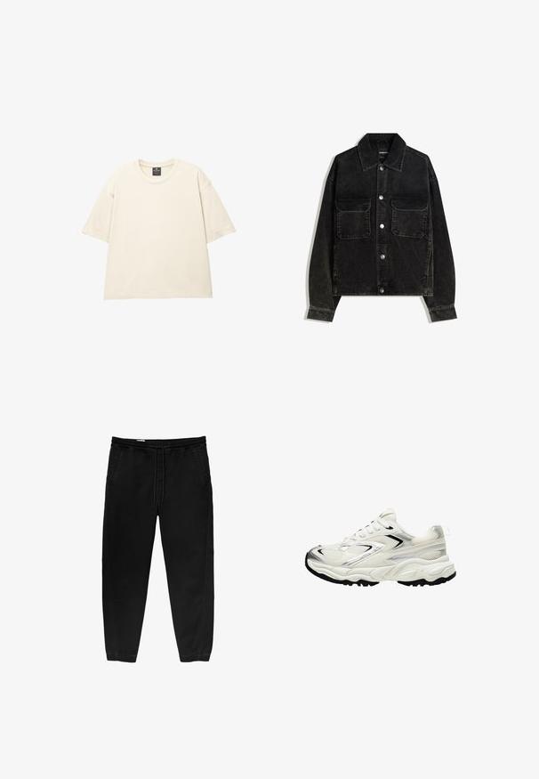 Czarna kurtka z kordurowej tkaniny z zapięciem na guziki z przodu, dwoma kieszeniami na piersi oraz kołnierzem. Teksturowany materiał z pionowymi prążkami.; Przesadnie duża beżowa koszulka wykonana z miękkiej bawełny, z okrągłym dekoltem, krótkimi rękawami i prostymi, czystymi szwami. Brak wzorów lub grafik.; Czarne spodnie z elastycznym paskiem i sznurkiem, zwężane nogawki, boczne kieszenie oraz subtelne detale szwów po bokach. Miękka bawełniana tkanina.; Białe sneakersy z siateczkową cholewką, srebrnymi akcentami, czarną podeszwą i teksturowanymi panelami. Posiadają sznurowaną konstrukcję oraz zaokrąglony kształt noska.