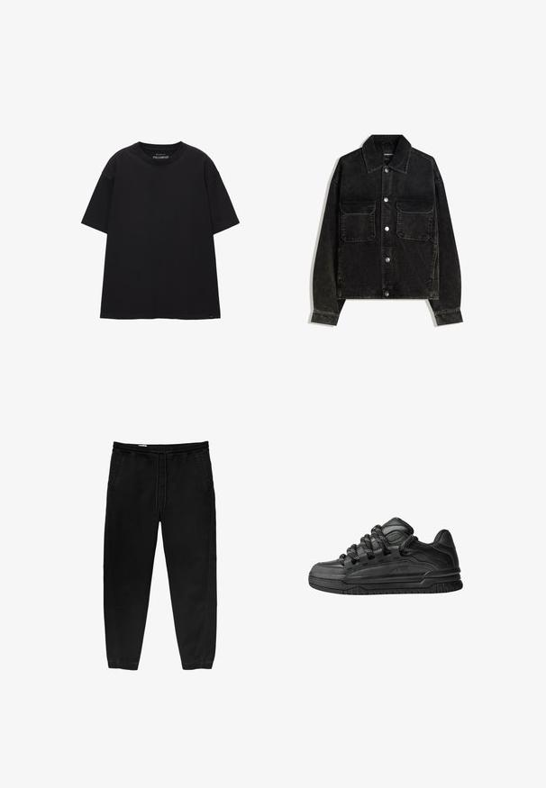 Črna kordna jakna z gumbnico spredaj, dvema žepoma na prsih in ovratnikom. Teksturen material z vertikalnimi rebrami.; Črna majica s sproščenim krojem, izdelana iz bombaža. Ima okroglo ovratnik, kratke rokave in preprost dizajn brez vzorcev ali poudarkov.; Črne hlače z elastičnim pasom in vrvico, ožji nogi, stranskimi žepi in subtilnimi detajli šivanja na straneh. Mehka bombažna tekstura tkanine.; Črne superge z gladkim usnjenim zgornjim delom, teksturiranimi detajli in okroglimi črnimi ter belimi vezalkami. Debel gumijast podplat z vzorčastim profilom.