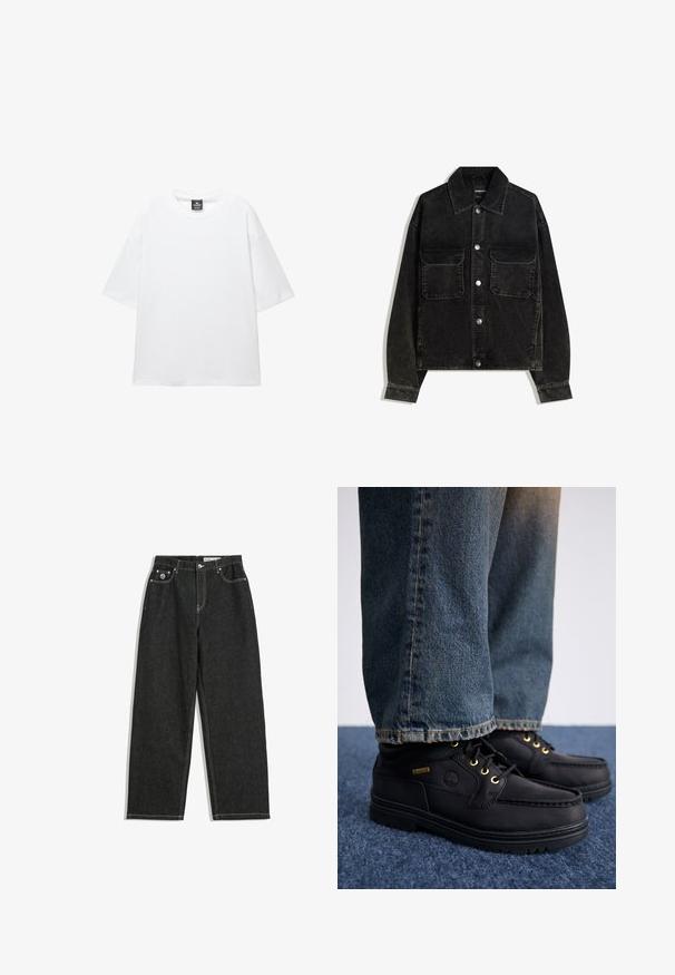 Čierna jemne ryhovaná bunda s gombíkmi na prednej strane, dvoma vreckami na hrudi a golierom. Textúrovaná tkanina s vertikálnymi ryhami.; Biely oversized tričko s krátkymi rukávmi, okrúhlym výstrihom a mäkkou bavlnenou tkaninou. Obsahuje čiernu etiketu na krku. Bez vzorov alebo akcentov.; Čierne rovné džínsy s bielym prešívaním, designom s piatimi vreckami, zapínaním na gombík a zips, a malým logom na pravom prednom vrecku.; Čierne kožené topánky so zlatými očkami a textúrovaným povrchom, skombinované s modrými džínami. Topánky majú viacvrstvovú podrážku a detail s logom.