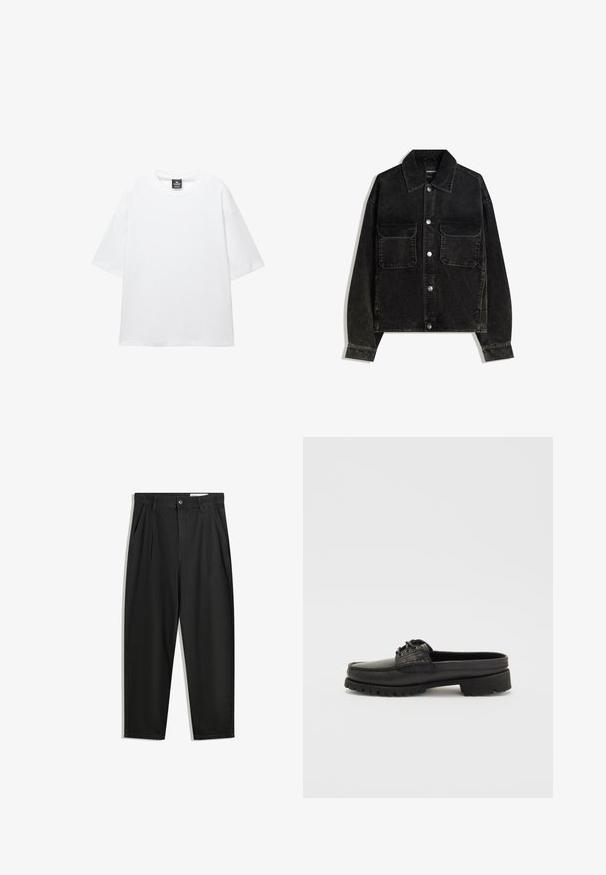 Jachetă neagră din catifea cord, cu închidere frontală cu nasturi, două buzunare la piept și guler. Material texturat cu dungi verticale.; Tricou oversized alb cu mâneci scurte, decolteu rotund și material din bumbac moale. Are o etichetă neagră la gât. Fără modele sau accente.; Pantaloni negri din bumbac cu croială lejeră, având un brâu clasic, plii frontale și buzunare laterale. Textură netedă fără modele.; Pantofii negri din piele, cu detalii din dantelă, vârful rotunjit și talpa texturată. Au un toc ușor ridicat și un finisaj lucios.