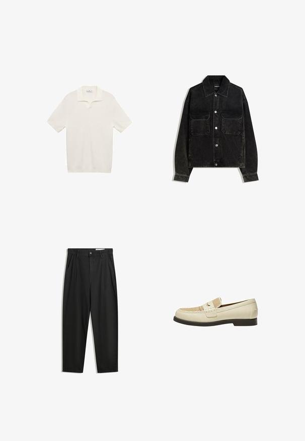 Czarna kurtka z kordurowej tkaniny z zapięciem na guziki z przodu, dwoma kieszeniami na piersi oraz kołnierzem. Teksturowany materiał z pionowymi prążkami.; Koszulka polo z krótkim rękawem w kolorze białym z fakturowanym wzorem dzianinowym, z małym kołnierzykiem i półguzikową plisą. Prosty i minimalistyczny design.; Czarne bawełniane spodnie o luźnym kroju, z klasycznym pasem, przednimi plisy oraz bocznymi kieszeniami. Gładka struktura, bez wzorów.; Beżowe skórzane mokasyny z plecionym detalem na czubku oraz płaską brązową podeszwą. Posiadają dekoracyjną tasiemkę z przodu.