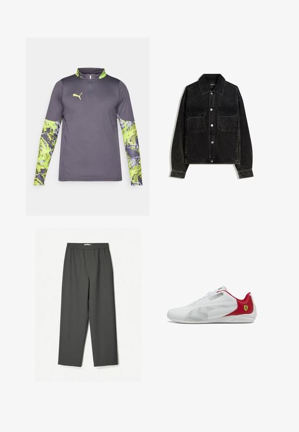 Crna kord jakna s gumbima sprijeda, dva džepa na prsima i ovratnikom. Tekstuirani materijal s vertikalnim trakama.; Siva sportska majica s ovratnikom na munje do četvrtine. Dugi rukavi sadrže živopisni zeleni i sivi apstraktni uzorak. Logo na prsima.; Tamno sivi, visoki očni široki hlače izrađene od lagane tkanine. Elastična pojas, bez vidljivih uzoraka i bočne džepove.; Bijeli atletski tenisice s glatkom teksturom, crvenim naglascima, perforiranim detaljima i srebrnim akcentom blizu vezica; na peti se nalazi Ferrari logo.
