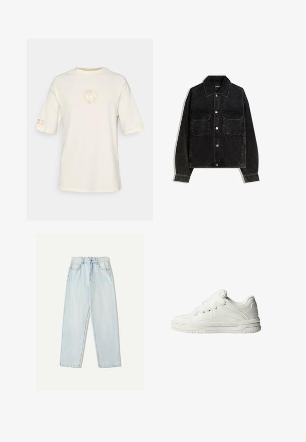 Črna kordna jakna z gumbnico spredaj, dvema žepoma na prsih in ovratnikom. Teksturen material z vertikalnimi rebrami.; Kremna kratka majica s kratkimi rokavi iz teksturirane tkanine, ki ima majhen vezen logotip na prsih in napis na rokavu.; Svjetloplave traperice s ležernim krojem, ravnim nogavicama, dizajnom s pet džepova i suptilnim izblijedjenjem na tkanini.; Bele teneške z gladkim usnjenim zunanjim delom, oblazinjenim jezikom, ravnimi vezalkami ter teksturiranimi detajli na straneh in peti.