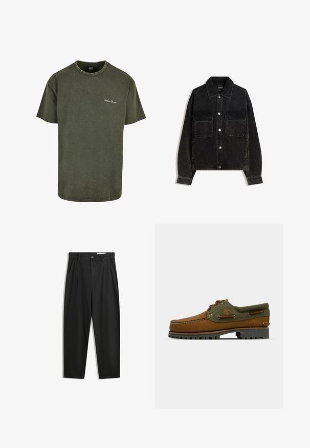 Fekete bordás dzseki gombos elülső résszel, két mellzsebbel és galléros nyakkal. Texturált anyag, függőleges bordákkal.; Olíva zöld pamut póló, rövid ujjú, kerek nyakkivágással és diszkrét kopott textúrával. A mellkason fehér "Urban Classics" hímzés található.; Fekete pamut nadrág laza szabással, klasszikus derékrésszel, elülső hajtásokkal és oldalsó zsebekkel. Simább textúra minta nélkül.; Barna bőr cipő zöld textil díszítésekkel. Mokaszin stílusú dizájn, hímzett logóval és strapabíró, mély barázdájú gumitalppal rendelkezik.