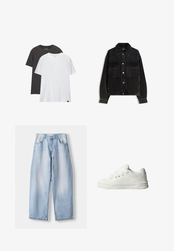 Čierna jemne ryhovaná bunda s gombíkmi na prednej strane, dvoma vreckami na hrudi a golierom. Textúrovaná tkanina s vertikálnymi ryhami.; Dve tričká so štandardným strihom: jedno čierne a jedno biele, vyrobené z mäkkej bavlny. Každé má okrúhly výstrih a krátke rukávy bez vzorov.; Svetlomodré džíny typu wide-leg s stredným pásom, dizajnom s piatimi vreckami a jemným vyblednutím; dokončené rovný spodok a pútka na opasok.; Biele tenisky s hladkým koženým povrchom, polstrovanou jazykovkou, plochými šnúrkami a štruktúrovanými detailmi na stranách a päte.
