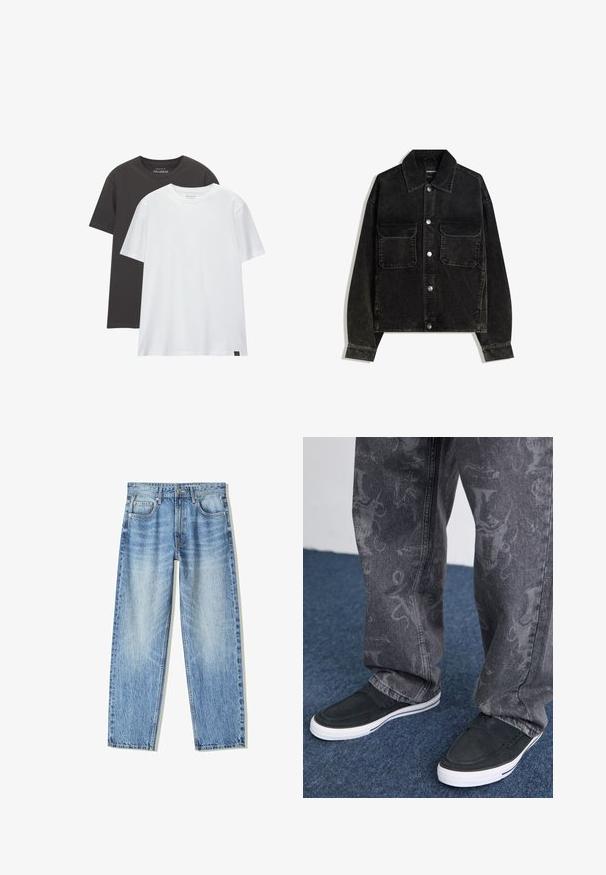 Svart kordflodjacka med knapp-up framtill, två bröstfickor och krage. Strukturerad tyg med vertikala ribbor.; Två t-shirts med vanlig passform: en svart och en vit, tillverkade av mjuk bomull. Varje t-shirt har rundad halsringning och korta ärmar utan mönster.; Ljusblå denimjeans med lös passform, rak bendesign, fem fickor och blekt utseende. Inkluderar en framsidan knapp och dragkedjestängning.; Svarta slip-on skor med vit sula, texturerade, tillsammans med grå jeans med ett subtilt mönster, mot en blå matta som bakgrund.