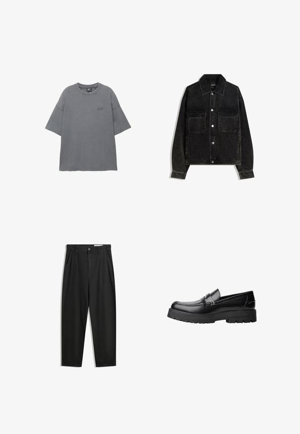 Schwarze Cordjacke mit knöpfbarem Vorderteil, zwei Brusttaschen und Kragen. Strukturiertes Gewebe mit vertikalen Rillen.; Graues kurzärmliges T-Shirt mit Rundhalsausschnitt, aus Baumwolle gefertigt, mit einem dezenten, auf die Brust gestickten Logo. Weiche Textur.; Schwarze Baumwollhose mit lockerem Schnitt, ausgestattet mit einem klassischen Bund, vorderen Falten und Seiten taschen. Glatte Textur ohne Muster.; Schwarzer Lederloafer mit grobem, rutschfestem Sohlenprofil und dekorativem Riemen über der Oberseite, seitlich links auf weißem Hintergrund abgebildet.