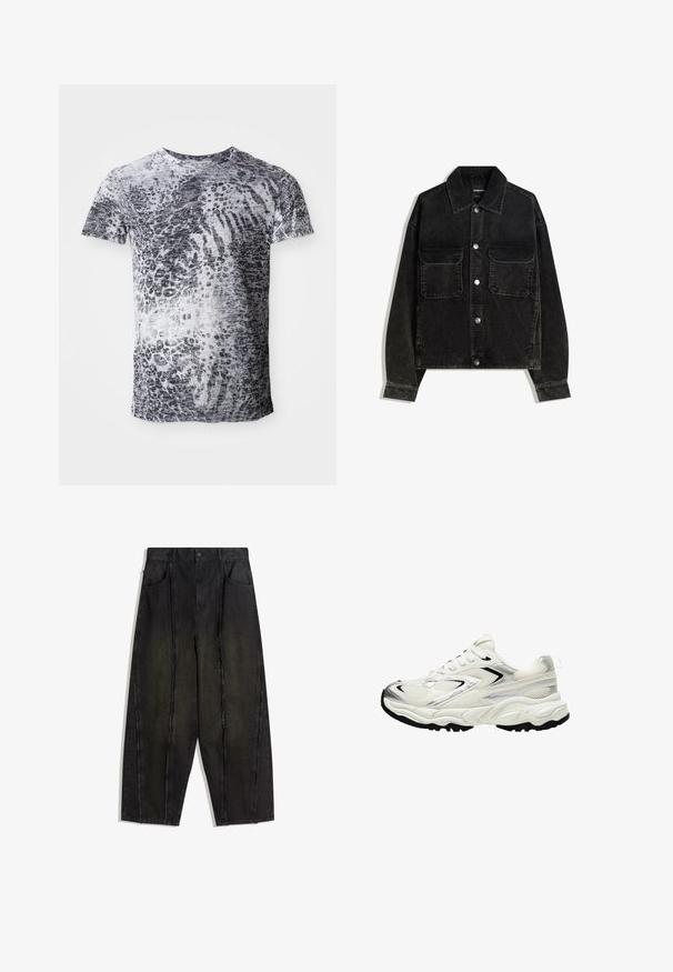 Mustat korduroy-takki napitus edessä, jossa on kaksi rintataskua ja kauluksellinen kaula. Teksturoitu kangas, jossa on pystysuorat urat.; Lyhytojllyinen t-paita harmaana ja valkoisena, jossa on leopardikuosis. Valmistettu pehmeästä kankaasta ja pyöreästä kaula-aukoista.; Mustat leveälahkeiset farkut, joissa on näkyvät saumat ja rispaantuneet reunat. Niissä on kaksi etutaskua ja korkea vyötärö.; Valkoiset lenkkarit, joissa on verkkokangas-yläosa, hopeiset yksityiskohdat, musta pohja ja teksturoitu pinta. Varustettu nauhakiinnityksellä ja pyöreällä kärjellä.