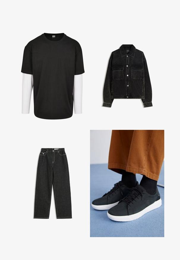 Black corduroy jacket with a button-up front, two chest pockets, and a collared neck. Textured fabric with vertical ridges.; Black short-sleeve t-shirt with a white long-sleeve layer underneath. Made of cotton with a crew neckline and relaxed fit.; Black straight-leg jeans with white stitching, five-pocket design, button and zipper closure, and a small logo on the front right pocket.; Black suede sneakers with white rubber soles, featuring lace-up design, textured accents, and subtle branding, paired with brown pants.