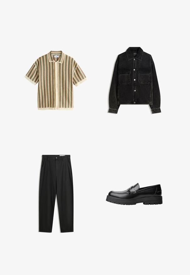 Schwarze Cordjacke mit knöpfbarem Vorderteil, zwei Brusttaschen und Kragen. Strukturiertes Gewebe mit vertikalen Rillen.; Next SHORT SLEEVE - T-Shirt print - neutral sage green; Schwarze Baumwollhose mit lockerem Schnitt, ausgestattet mit einem klassischen Bund, vorderen Falten und Seiten taschen. Glatte Textur ohne Muster.; Schwarzer Lederloafer mit grobem, rutschfestem Sohlenprofil und dekorativem Riemen über der Oberseite, seitlich links auf weißem Hintergrund abgebildet.