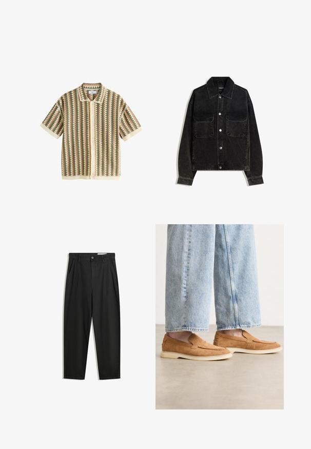 Jachetă neagră din catifea cord, cu închidere frontală cu nasturi, două buzunare la piept și guler. Material texturat cu dungi verticale.; Next SHORT SLEEVE - Tricou cu imprimeu - neutral sage green; Pantaloni negri din bumbac cu croială lejeră, având un brâu clasic, plii frontale și buzunare laterale. Textură netedă fără modele.; Cizme slip-on din suede maro, cu profil jos, talpă crem și detalii de cusătură, asortate cu pantaloni din denim bleu deschis.