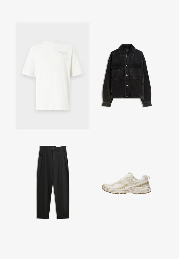 Črna kordna jakna z gumbnico spredaj, dvema žepoma na prsih in ovratnikom. Teksturen material z vertikalnimi rebrami.; Bela rebrasta majica s kratkimi rokavi, z majhnim vezenim logotipom v svetlo rjavi barvi na levi strani prsnega področja. Mehka tekstura in sproščen kroj.; Črne bombažne hlače s sproščenim krojem, ki vključujejo klasičen pas, sprednje gube in stranske žepke. Gladka tekstura brez vzorcev.; Bele športne čevlje iz mrežastega in sintetičnega materiala, z zaobljenim prstom, oblazinjeno podplatom in bež poudarki na straneh.