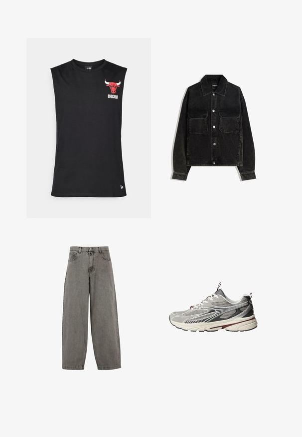 Svart kordflodjacka med knapp-up framtill, två bröstfickor och krage. Strukturerad tyg med vertikala ribbor.; Svart ärmlös t-shirt i bomull. Har en röd Chicago Bulls-logotyp och texten "CHICAGO" på vänster bröst. Enkel, slät textur.; Grå denimbyxor med hög midja, vida ben, klassisk femficksdesign och knappstängning framtill. Lätt texturerad yta.; Grå sportskor med ovandel i mesh och läder, texturerade ytor, kontrasterande svarta och burgunderfärgade accenter samt en dämpad sula.