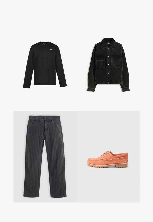 Crna kord jakna s gumbima sprijeda, dva džepa na prsima i ovratnikom. Tekstuirani materijal s vertikalnim trakama.; DEF EVERYDAY - Top dugih rukava - black; Crne prugaste hlače od mješavine pamuka. Imaju ravni kroj nogavica, bočne džepove i zatvaranje na dugme.; Narančaste kožne brodske cipele s dizajnom u stilu mokasina, zaobljenim prstima, smešnim vezicama i gumeni potplat s trakama za prianjanje.