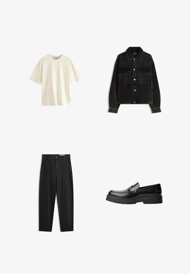 Crna kord jakna s gumbima sprijeda, dva džepa na prsima i ovratnikom. Tekstuirani materijal s vertikalnim trakama.; Majica kratkih rukava od pamučnog materijala u boji slonovače, s okruglim izrezom i opuštenim krojem, glatke teksture i bez vidljivih uzoraka ili ukrasa.; Crne pamučne hlače s opuštenim krojem, s klasičnim pojasom, prednjim nabranjima i bočnim džepovima. Glatka tekstura bez uzoraka.; Crna kožna mokasina s debelim potplatima i dekorativnom trakom preko gornjeg dijela, prikazana u lijevom bočnom profilu na bijeloj pozadini.
