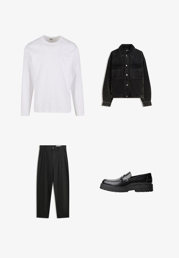 Fekete bordás dzseki gombos elülső résszel, két mellzsebbel és galléros nyakkal. Texturált anyag, függőleges bordákkal.; Fehér, hosszú ujjú póló, puha pamutból készült, kerek nyakkivágással és tiszta, varrás nélküli dizájnnal, grafikai minták vagy díszítések nélkül.; Fekete pamut nadrág laza szabással, klasszikus derékrésszel, elülső hajtásokkal és oldalsó zsebekkel. Simább textúra minta nélkül.; Fekete bőr loaferek vastag, bordázott talppal és díszcsíkkal az upper rész felett, bal oldali profilmódban, fehér háttér előtt.