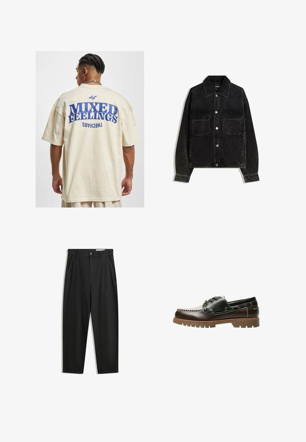 Black corduroy jacket with a button-up front, two chest pockets, and a collared neck. Textured fabric with vertical ridges.; DEF MIXED - Print T-shirt - beige; Black cotton trousers with a relaxed fit, featuring a classic waistband, front pleats, and side pockets. Smooth texture without patterns.; Brown and black leather boat shoe with lacing, contrast stitching, and a textured rubber sole. Features metal eyelets and rounded toe.