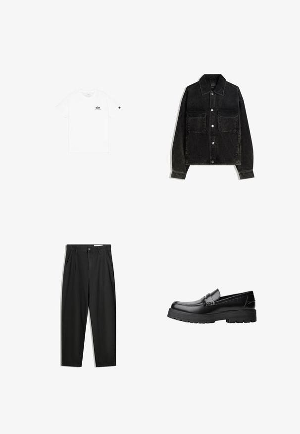 Black corduroy jacket with a button-up front, two chest pockets, and a collared neck. Textured fabric with vertical ridges.; White cotton t-shirt with a crew neck, short sleeves, and a small black logo on the left chest. Simple and classic design.; Black cotton trousers with a relaxed fit, featuring a classic waistband, front pleats, and side pockets. Smooth texture without patterns.; Black leather loafer with chunky treaded sole and decorative strap across the upper, shown in left side profile on white background.