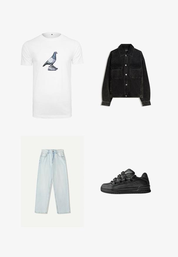 Čierna jemne ryhovaná bunda s gombíkmi na prednej strane, dvoma vreckami na hrudi a golierom. Textúrovaná tkanina s vertikálnymi ryhami.; Biela bavlnená tričko s grafikou holuba stojaceho na páre tenisiek, so starostlivo vykreslenými farbami a tieňovaním na vtákovi.; Svetlo modré džínsy s uvoľneným strihom, rovnými nohavicami, piatimi vreckami a jemným vyblednutím látky.; Čierne tenisky s hladkým koženým zvrškom, štruktúrovanými akcentami a okrúhlymi čierno-bielymi šnúrkami. Hrubá gumená podrážka s vzorovaným dezénom.