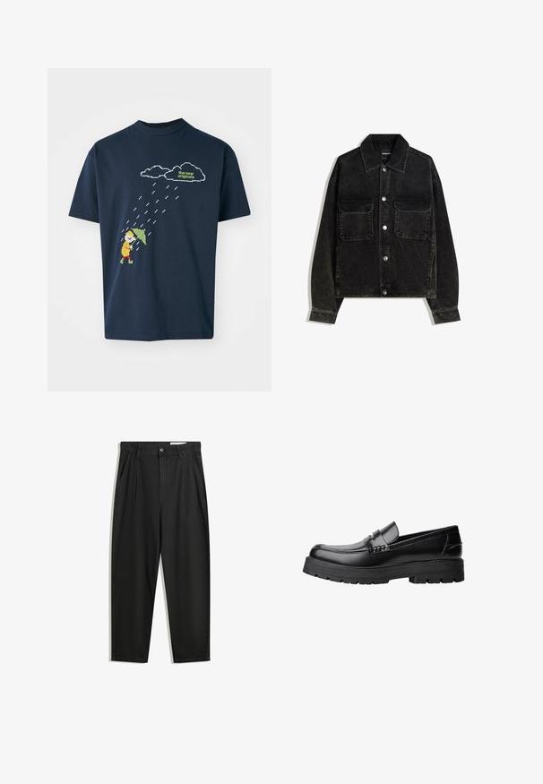 Črna kordna jakna z gumbnico spredaj, dvema žepoma na prsih in ovratnikom. Teksturen material z vertikalnimi rebrami.; Mornarsko modra bombažna majica z pixelirano grafiko figure s dežnikom pod oblaki in kapljami dežja, z besedilom zgoraj v svetlo zeleni barvi.; Črne bombažne hlače s sproščenim krojem, ki vključujejo klasičen pas, sprednje gube in stranske žepke. Gladka tekstura brez vzorcev.; Črne usnjene loafersice s debelim profiliranim podplatom in dekorativnim pasom čez zgornji del, prikazane v levem stranskem profilu na beli podlagi.